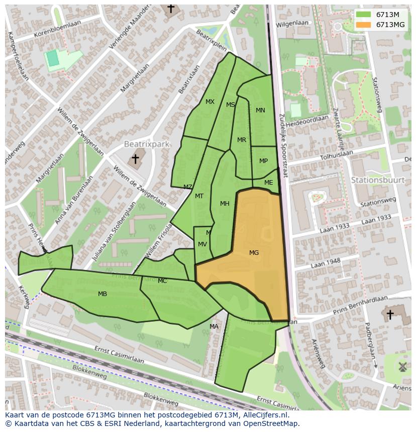 Afbeelding van het postcodegebied 6713 MG op de kaart.