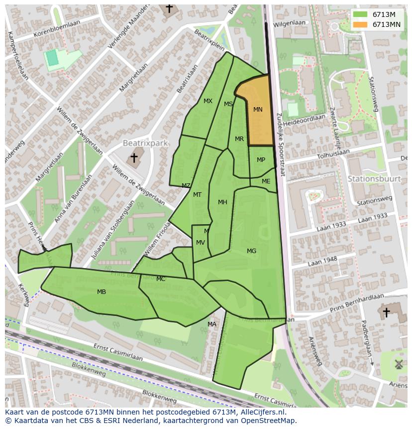Afbeelding van het postcodegebied 6713 MN op de kaart.