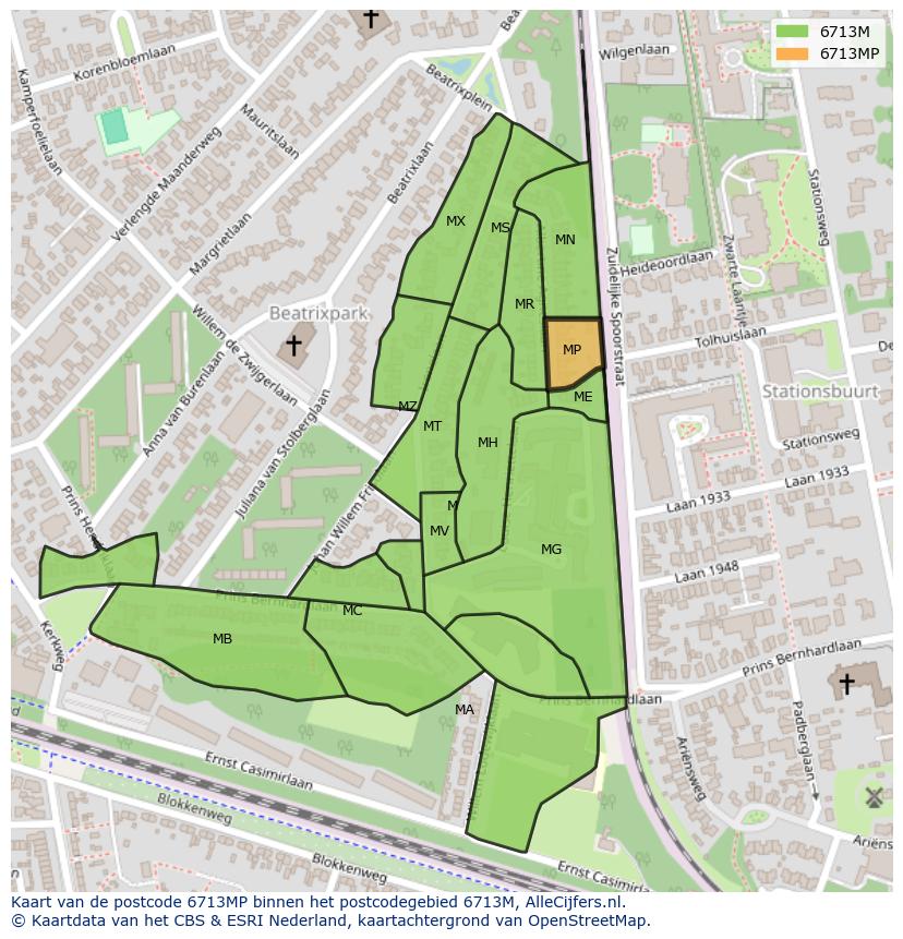 Afbeelding van het postcodegebied 6713 MP op de kaart.