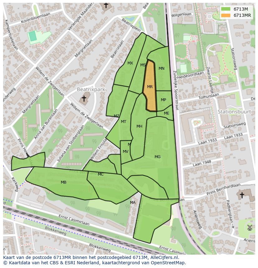 Afbeelding van het postcodegebied 6713 MR op de kaart.