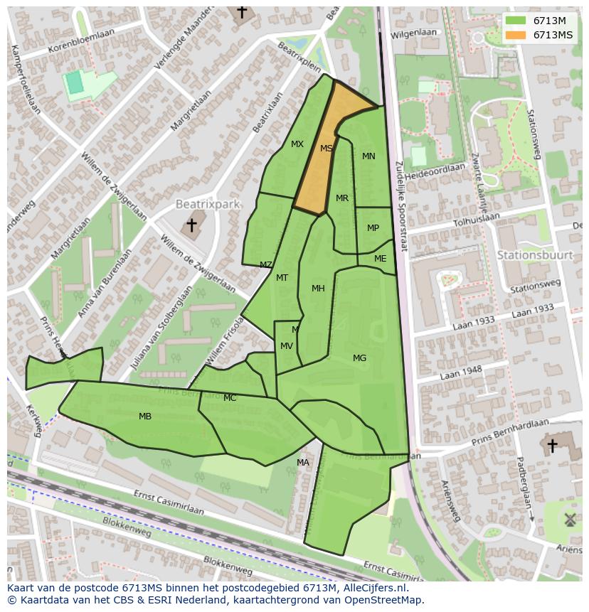 Afbeelding van het postcodegebied 6713 MS op de kaart.