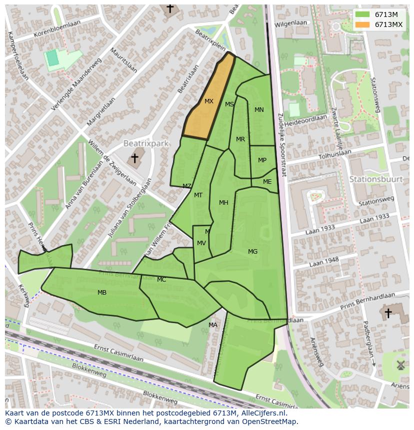 Afbeelding van het postcodegebied 6713 MX op de kaart.