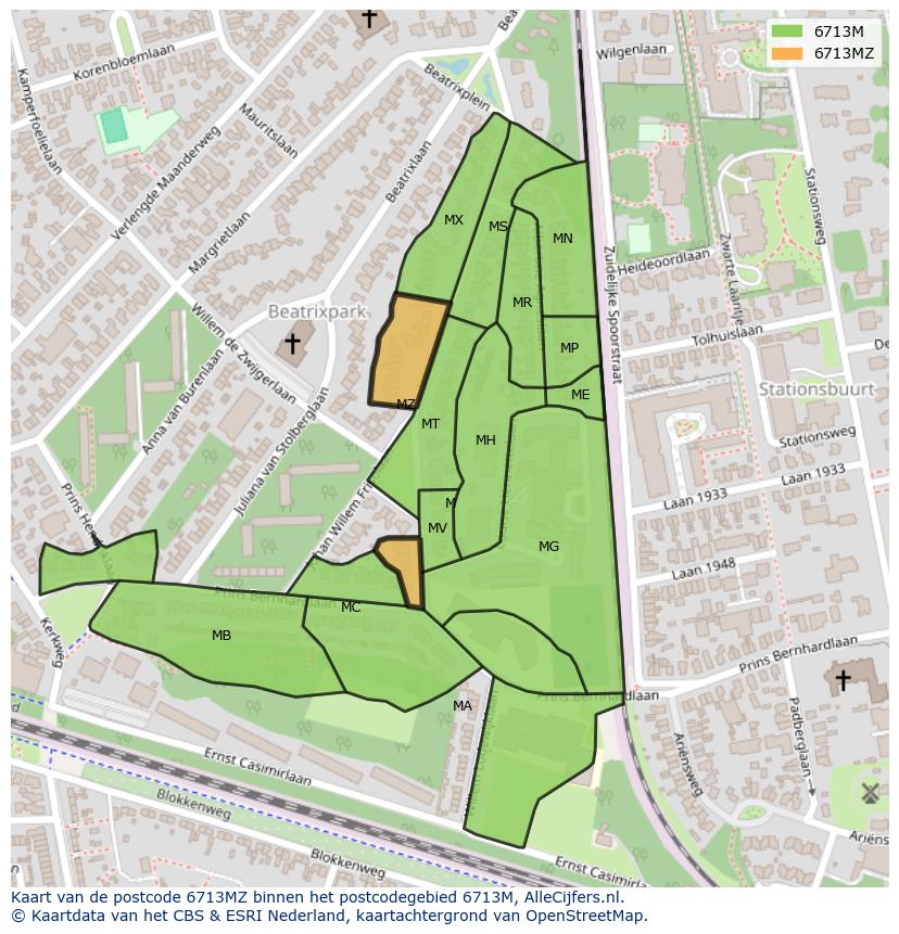 Afbeelding van het postcodegebied 6713 MZ op de kaart.