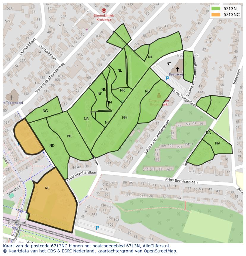 Afbeelding van het postcodegebied 6713 NC op de kaart.