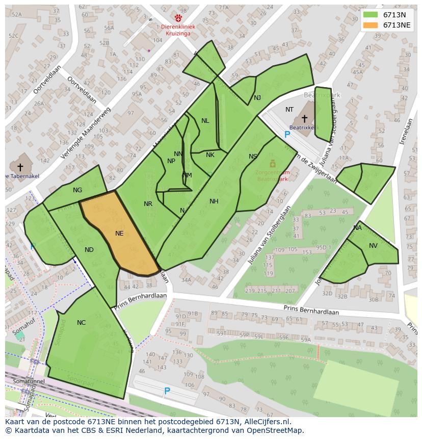 Afbeelding van het postcodegebied 6713 NE op de kaart.