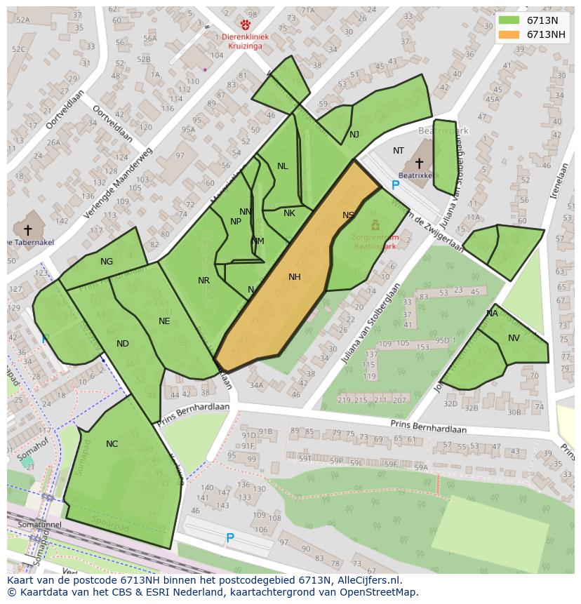 Afbeelding van het postcodegebied 6713 NH op de kaart.