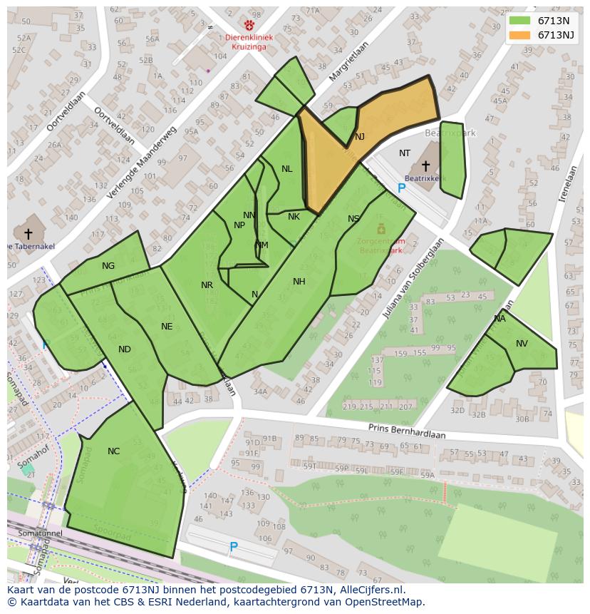 Afbeelding van het postcodegebied 6713 NJ op de kaart.