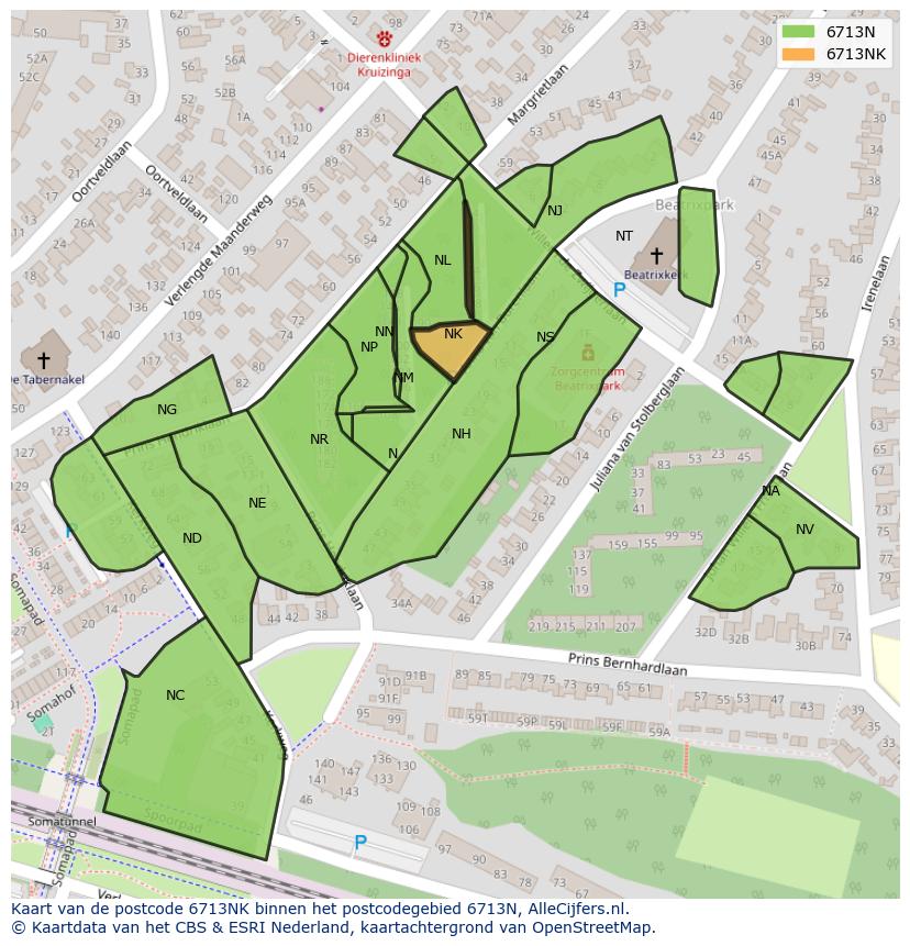 Afbeelding van het postcodegebied 6713 NK op de kaart.