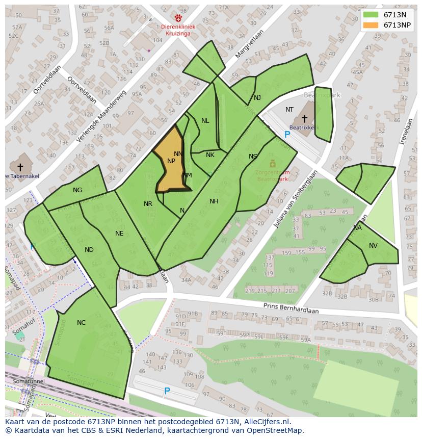 Afbeelding van het postcodegebied 6713 NP op de kaart.