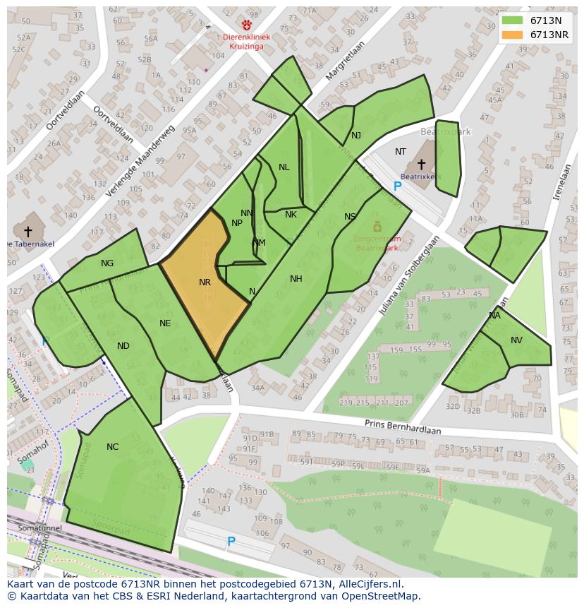 Afbeelding van het postcodegebied 6713 NR op de kaart.
