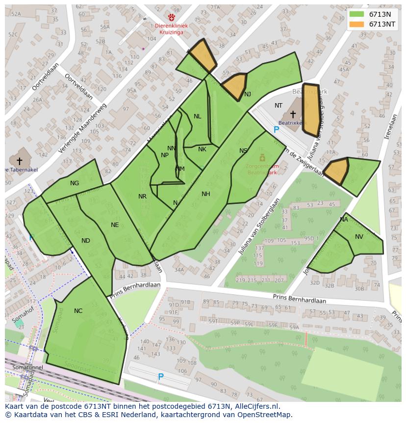 Afbeelding van het postcodegebied 6713 NT op de kaart.