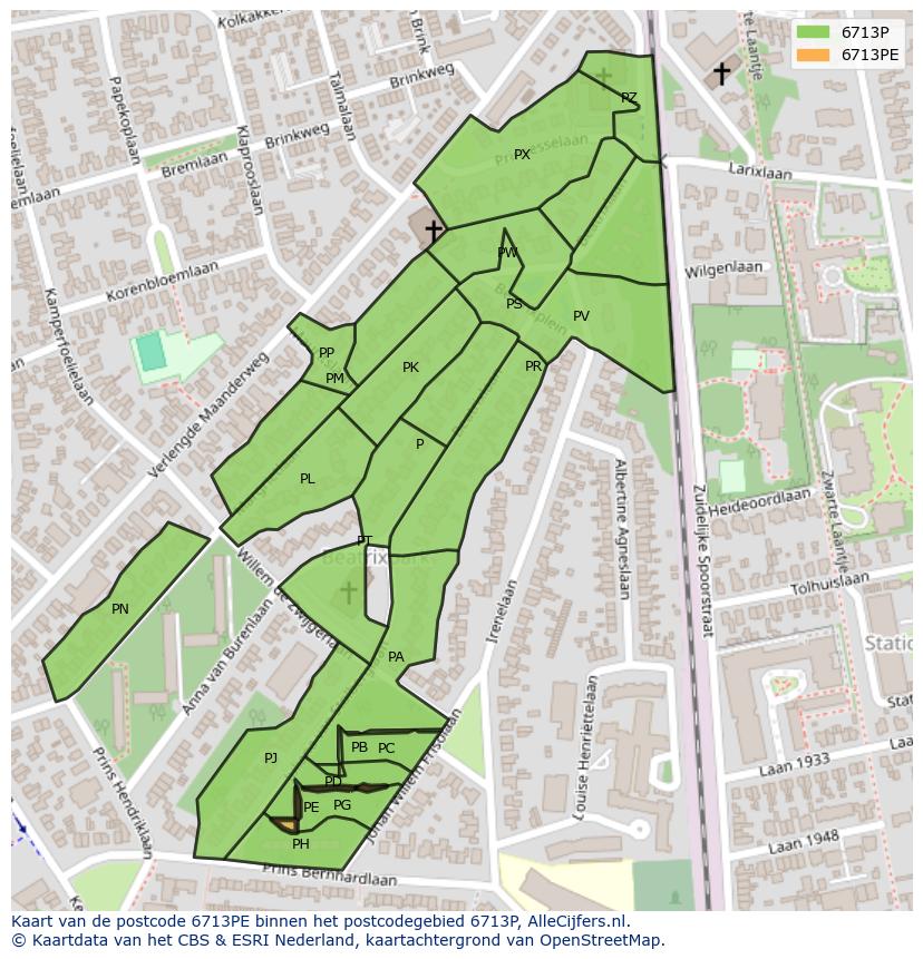 Afbeelding van het postcodegebied 6713 PE op de kaart.