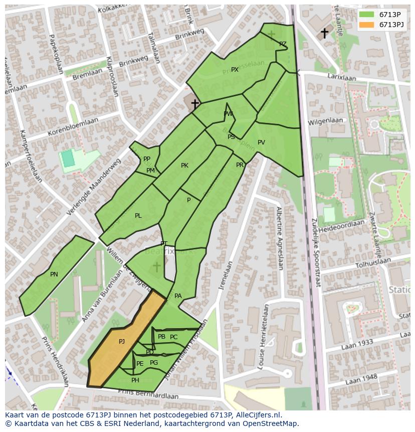 Afbeelding van het postcodegebied 6713 PJ op de kaart.