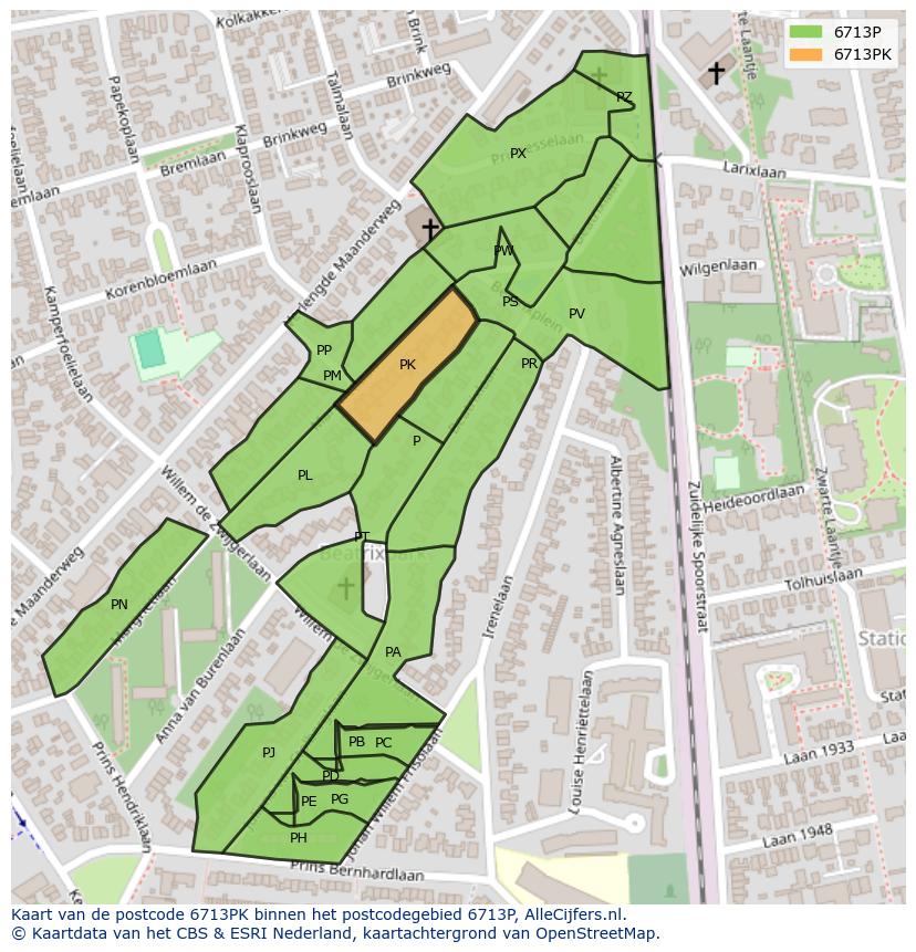 Afbeelding van het postcodegebied 6713 PK op de kaart.