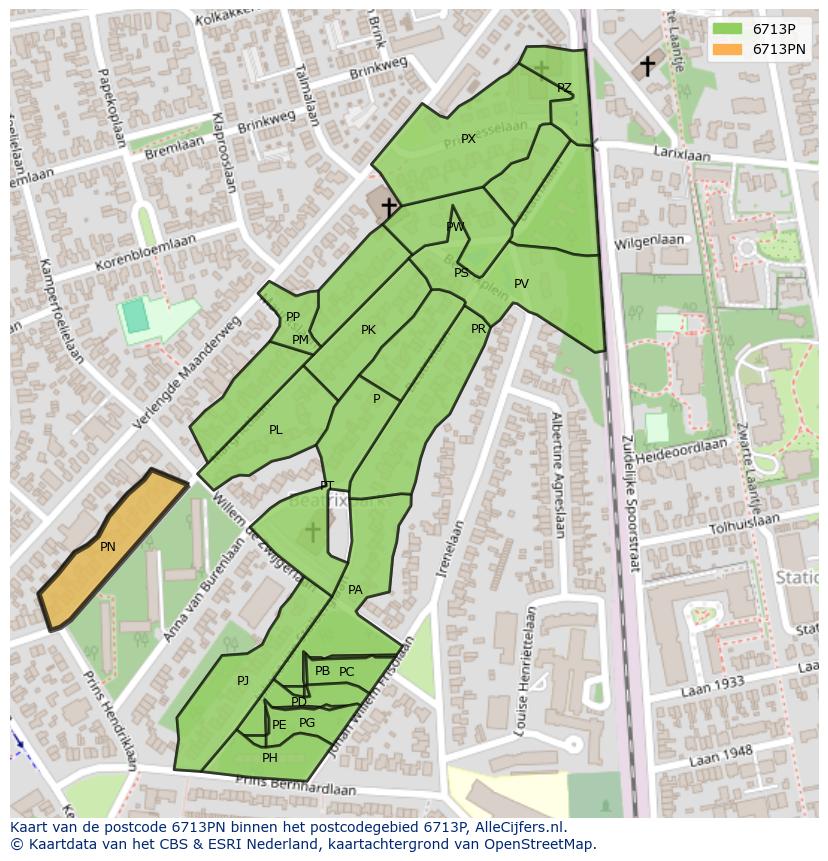 Afbeelding van het postcodegebied 6713 PN op de kaart.