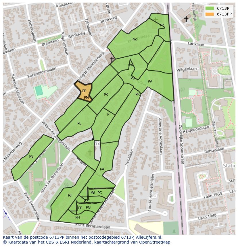 Afbeelding van het postcodegebied 6713 PP op de kaart.