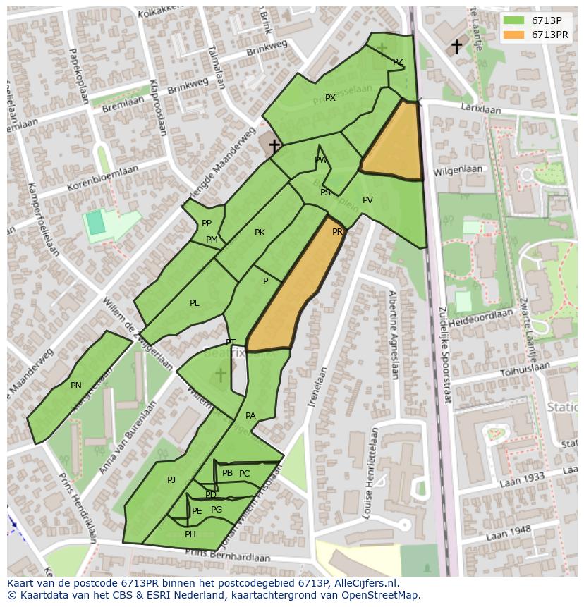 Afbeelding van het postcodegebied 6713 PR op de kaart.