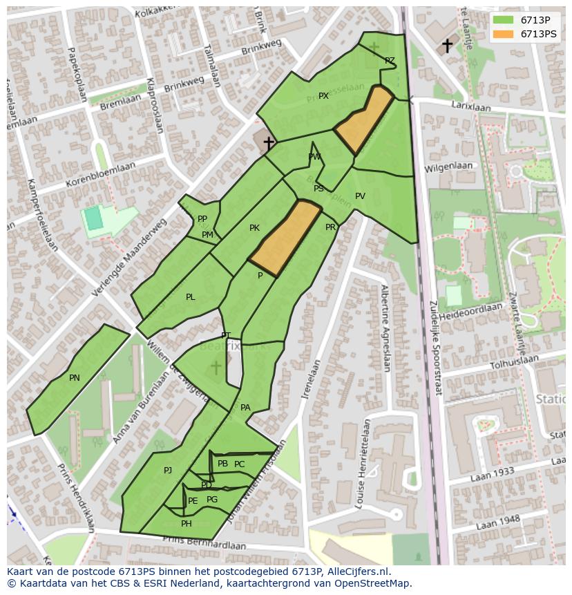 Afbeelding van het postcodegebied 6713 PS op de kaart.