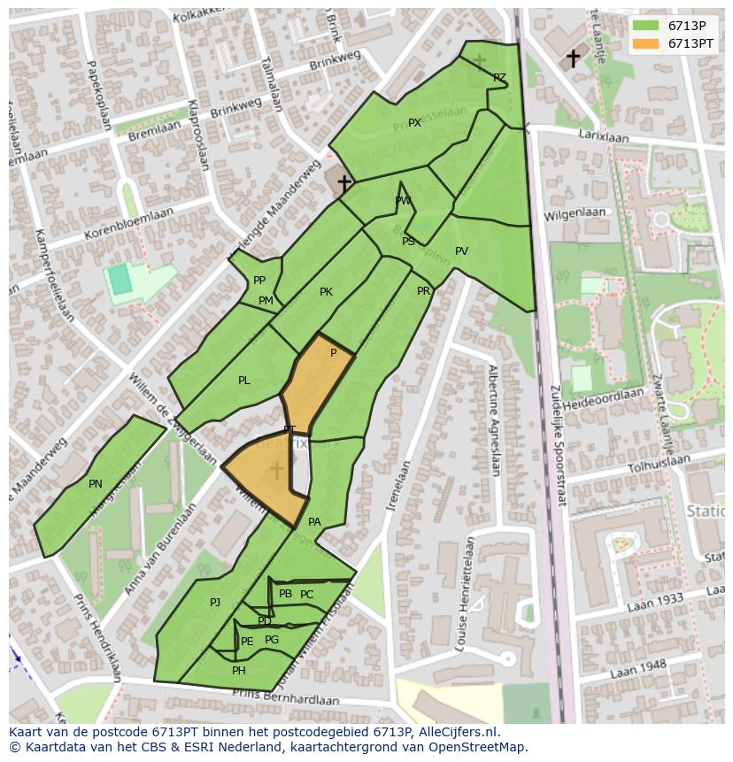 Afbeelding van het postcodegebied 6713 PT op de kaart.