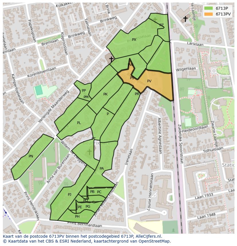 Afbeelding van het postcodegebied 6713 PV op de kaart.