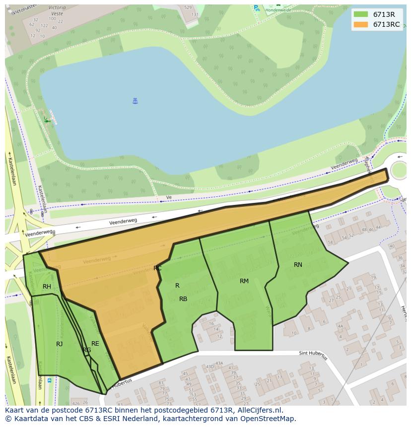 Afbeelding van het postcodegebied 6713 RC op de kaart.