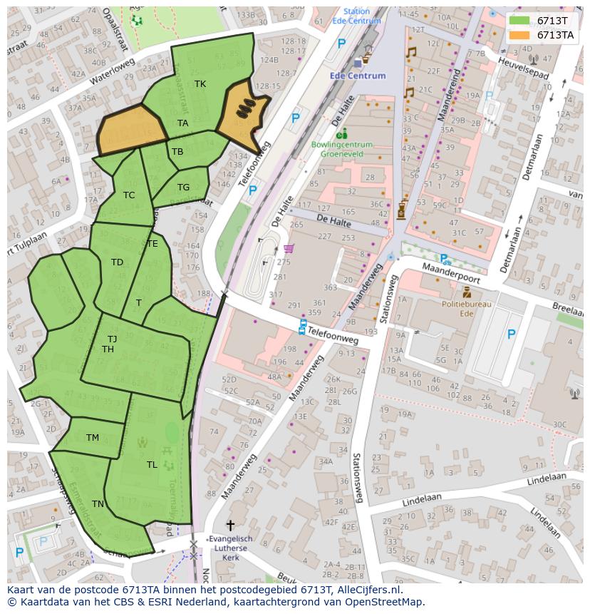 Afbeelding van het postcodegebied 6713 TA op de kaart.