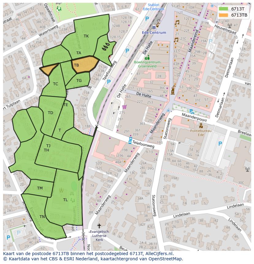 Afbeelding van het postcodegebied 6713 TB op de kaart.