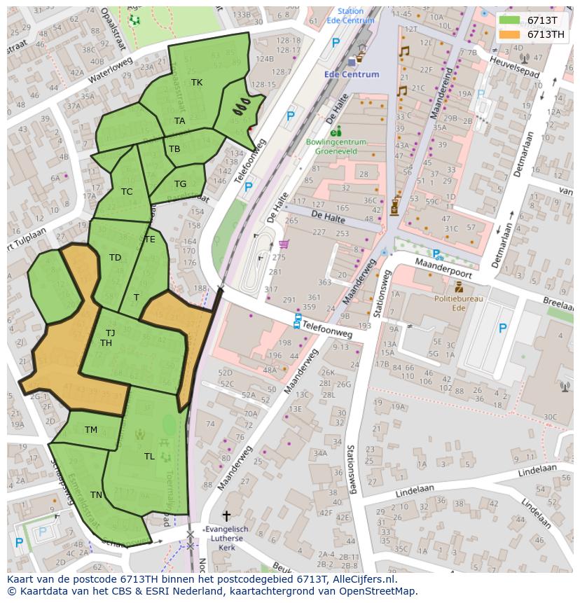 Afbeelding van het postcodegebied 6713 TH op de kaart.