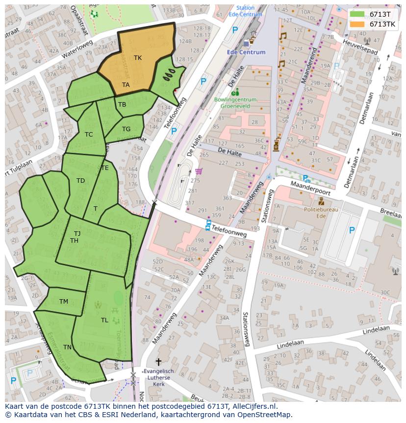 Afbeelding van het postcodegebied 6713 TK op de kaart.