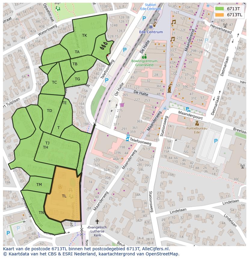 Afbeelding van het postcodegebied 6713 TL op de kaart.