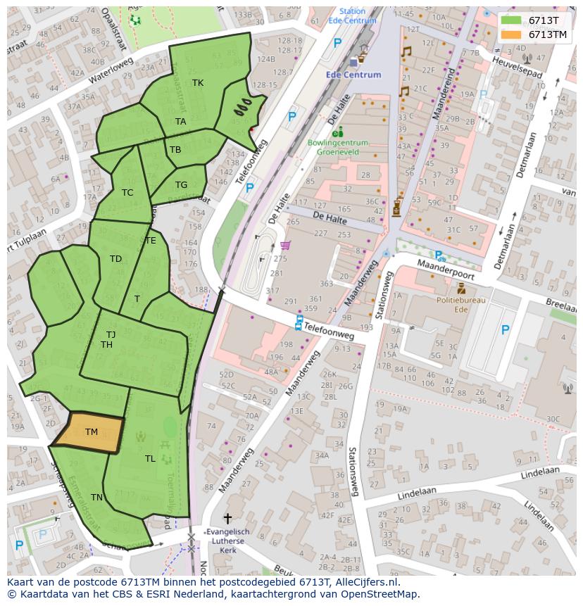 Afbeelding van het postcodegebied 6713 TM op de kaart.