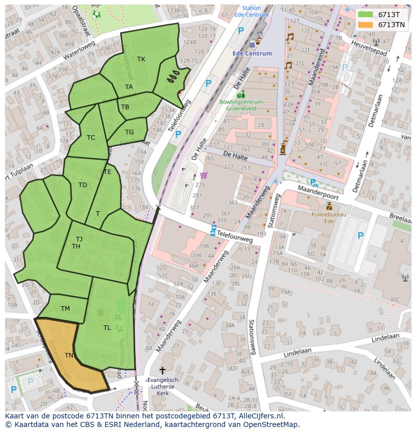 Afbeelding van het postcodegebied 6713 TN op de kaart.