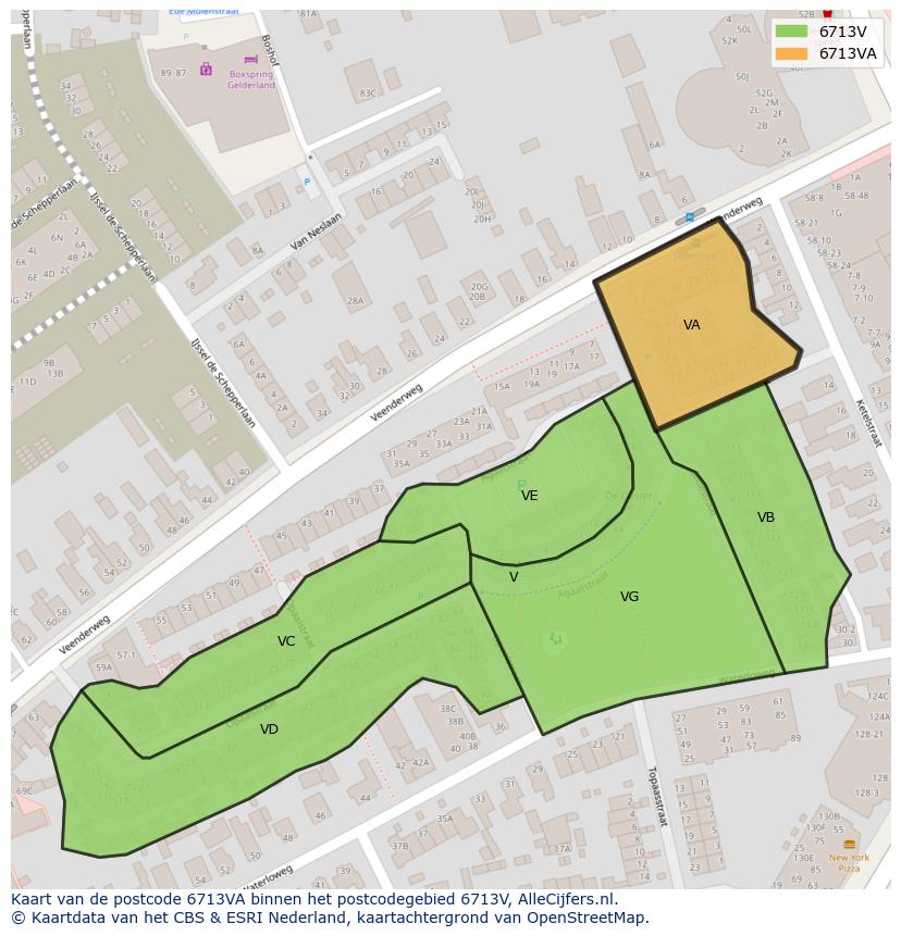 Afbeelding van het postcodegebied 6713 VA op de kaart.