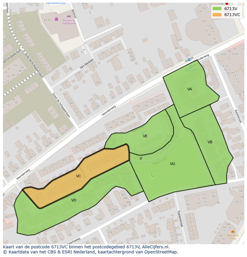 Afbeelding van het postcodegebied 6713 VC op de kaart.