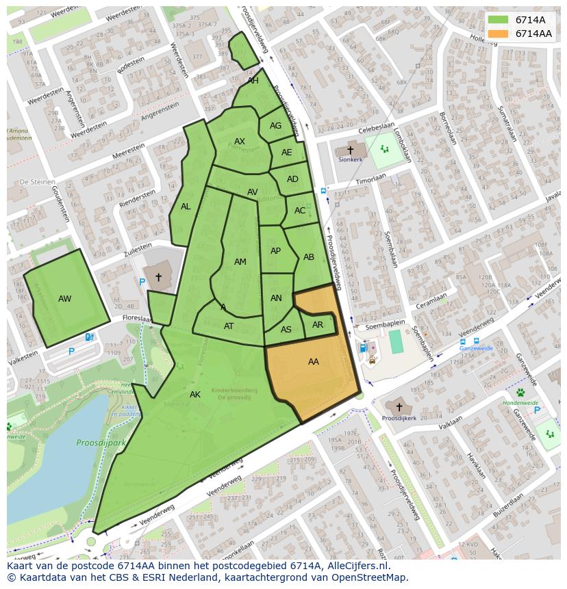 Afbeelding van het postcodegebied 6714 AA op de kaart.