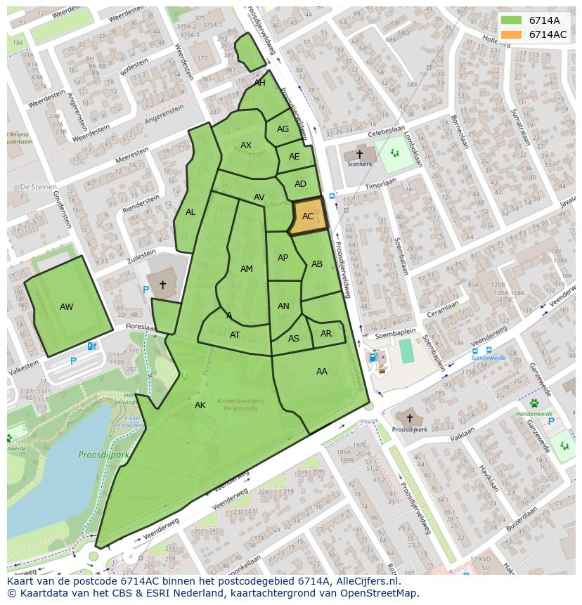 Afbeelding van het postcodegebied 6714 AC op de kaart.