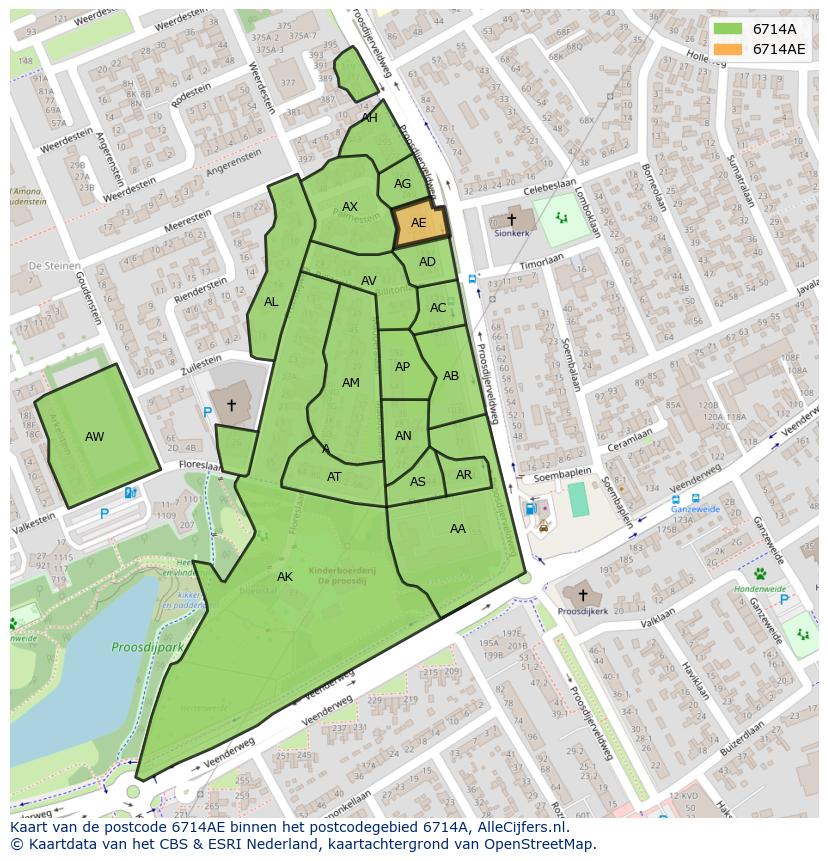 Afbeelding van het postcodegebied 6714 AE op de kaart.