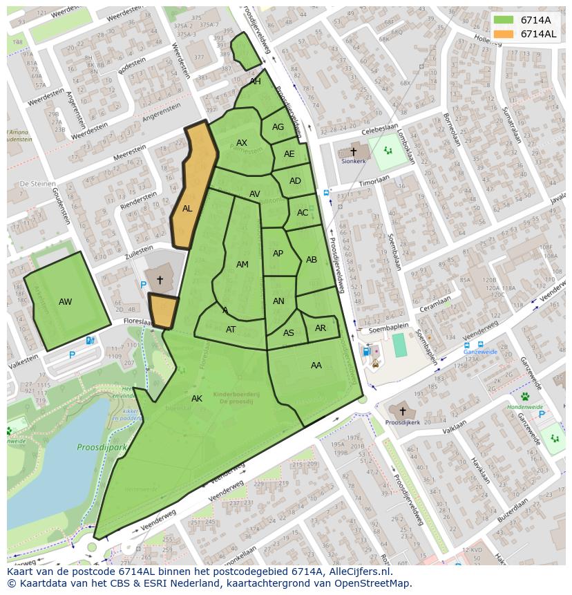Afbeelding van het postcodegebied 6714 AL op de kaart.