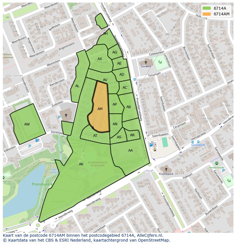 Afbeelding van het postcodegebied 6714 AM op de kaart.