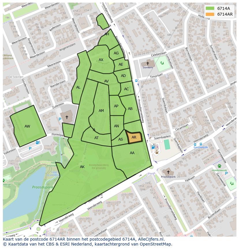 Afbeelding van het postcodegebied 6714 AR op de kaart.