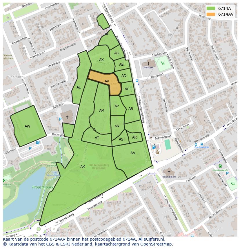 Afbeelding van het postcodegebied 6714 AV op de kaart.