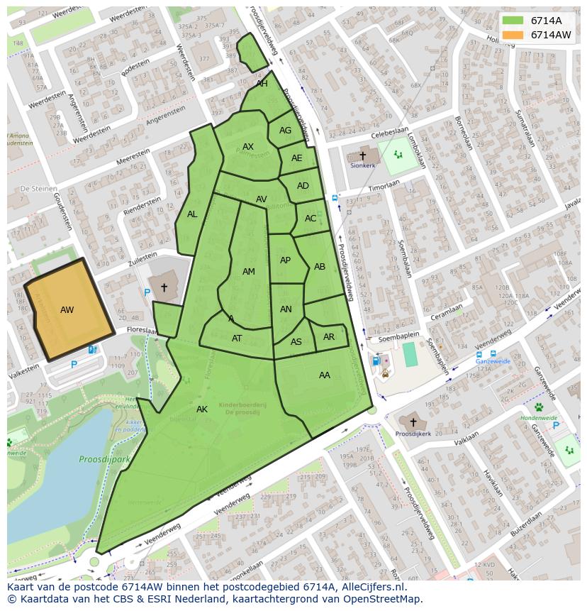 Afbeelding van het postcodegebied 6714 AW op de kaart.