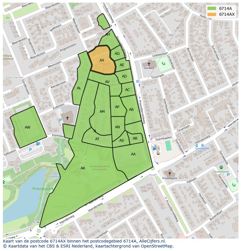 Afbeelding van het postcodegebied 6714 AX op de kaart.