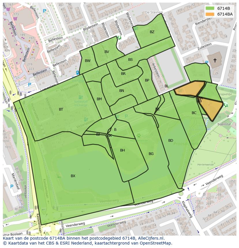 Afbeelding van het postcodegebied 6714 BA op de kaart.