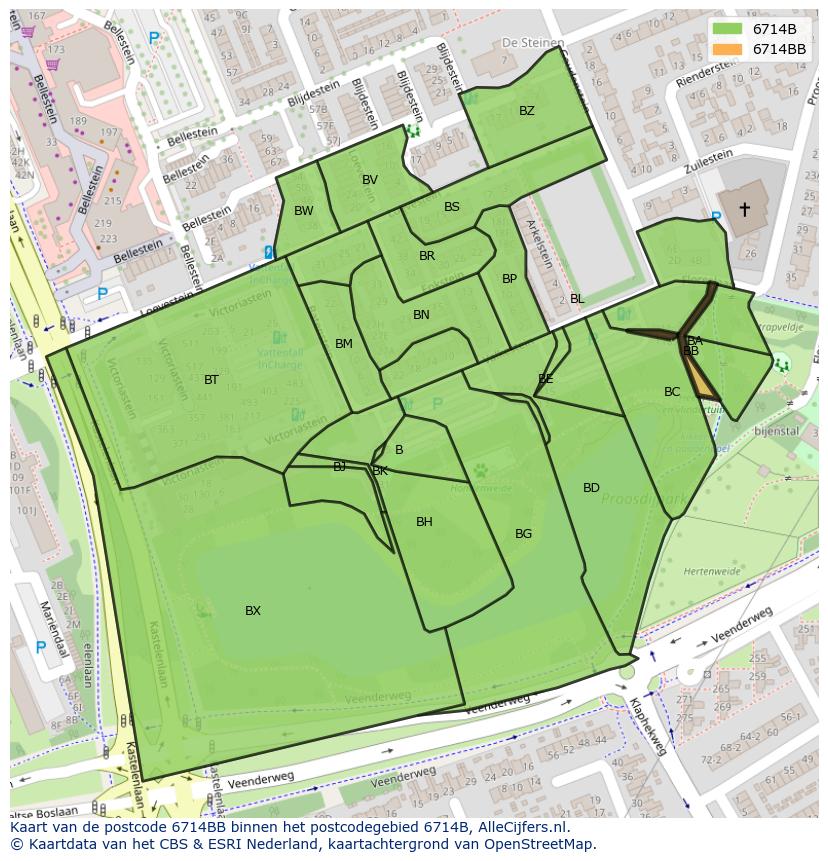 Afbeelding van het postcodegebied 6714 BB op de kaart.