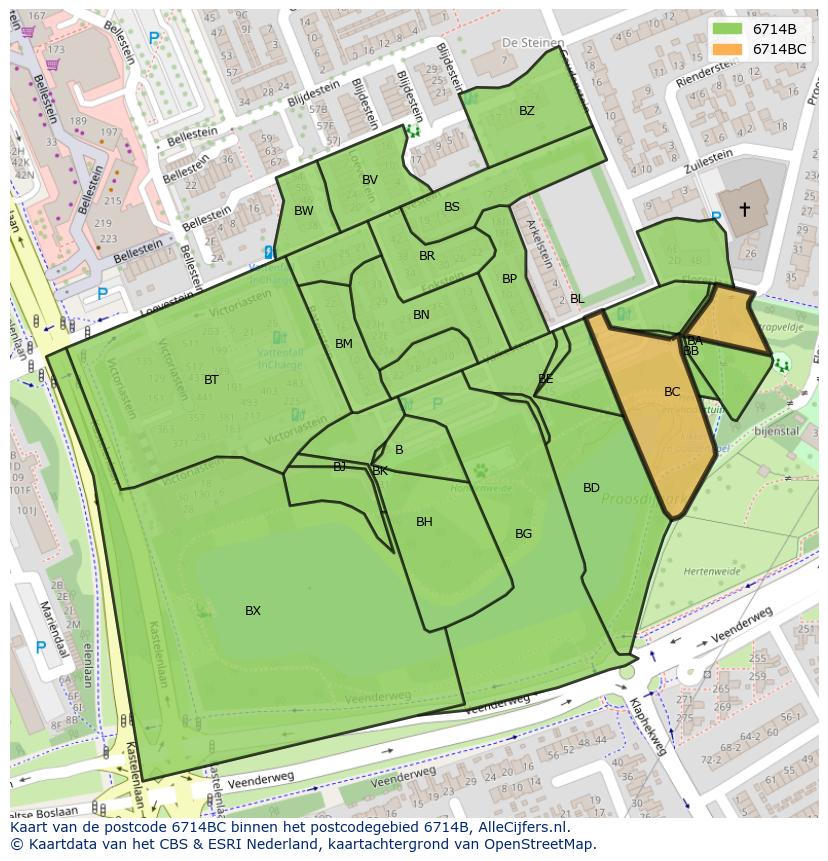 Afbeelding van het postcodegebied 6714 BC op de kaart.
