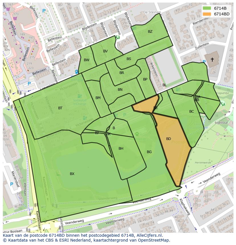 Afbeelding van het postcodegebied 6714 BD op de kaart.