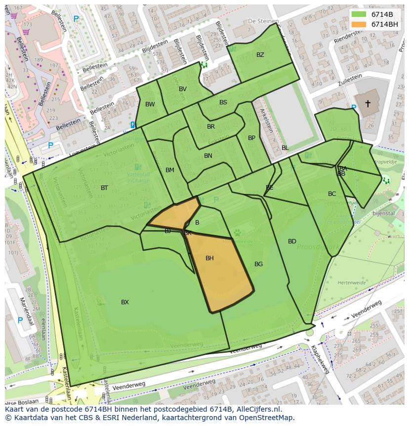 Afbeelding van het postcodegebied 6714 BH op de kaart.