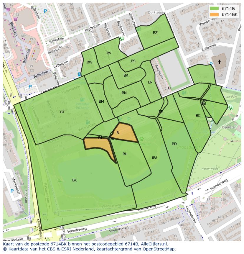 Afbeelding van het postcodegebied 6714 BK op de kaart.