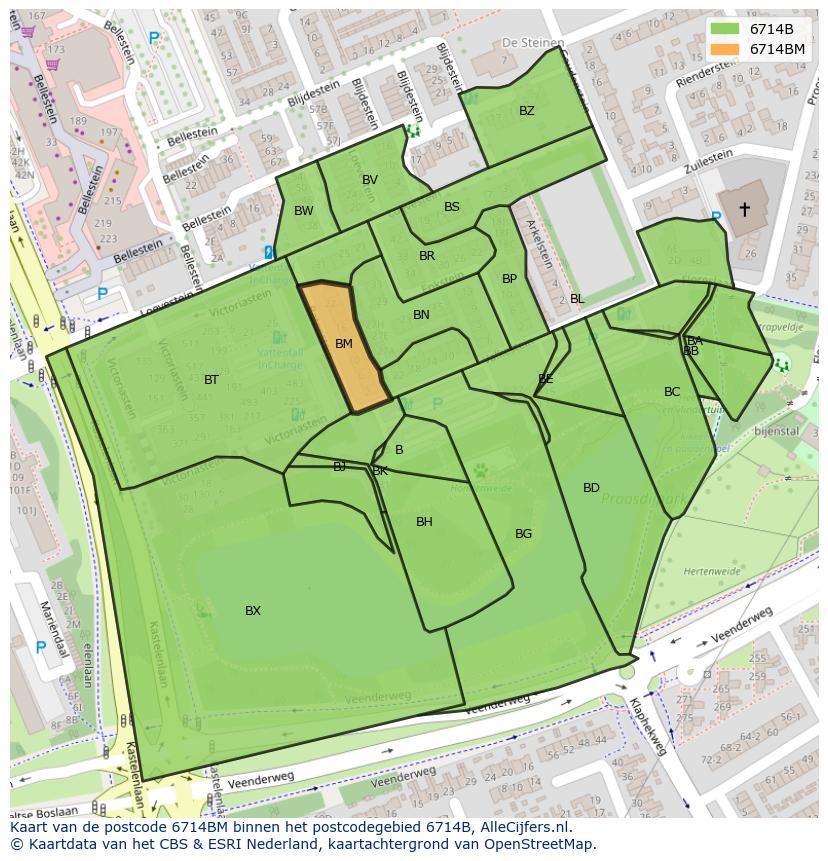 Afbeelding van het postcodegebied 6714 BM op de kaart.